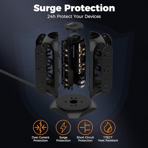 TESSAN Surge Protector Power Strip Tower with 3 USB Ports 11 Outlets, 1625W/13A, Black Extension Cord 6 Feet, 1050J Protection Desktop Charging Station for Office School Dorm Room Essentials - Image 4