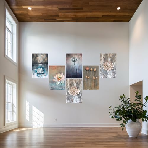 Image of SiddArtify Serene Lotus Flower Art Print Set - Teal Grey and Rose Gold - 300GSM Board - 8x12 Inch - Pack of 6 Wall Room Decoration art Poster Prints