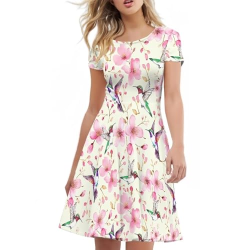 Image of HUGS IDEA Womens Puffy Swing Midi Dress Round Neck Short Sleeve Party A-Line Dresses