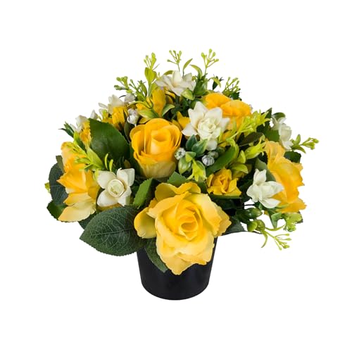 Image of Artificial Flowers for Graves Yellow Roses/Rosebud/Mini-Roses in Grave Pot