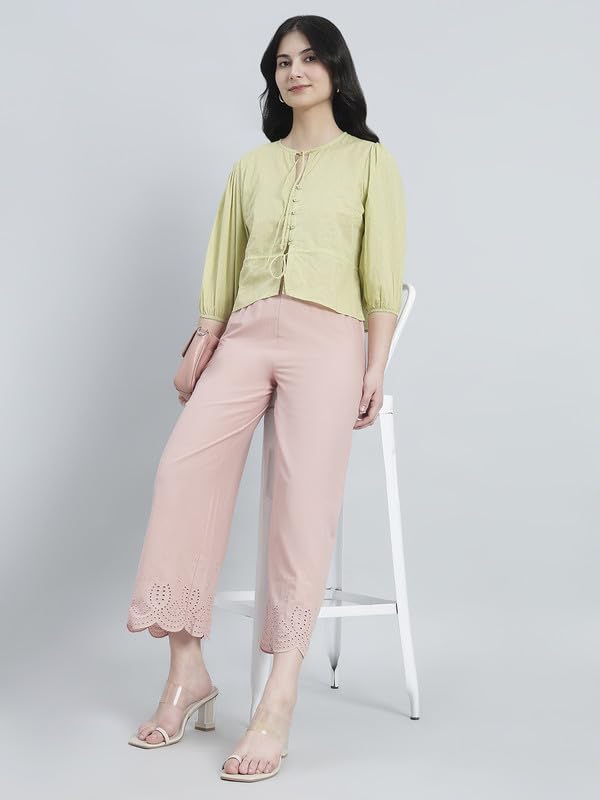 Image of GO COLORS Women's Cotton Hakoba Palazzo | Ankle Length, Schiffli Embroidery, Relaxed Fit, Mid-Rise with Side Pocket