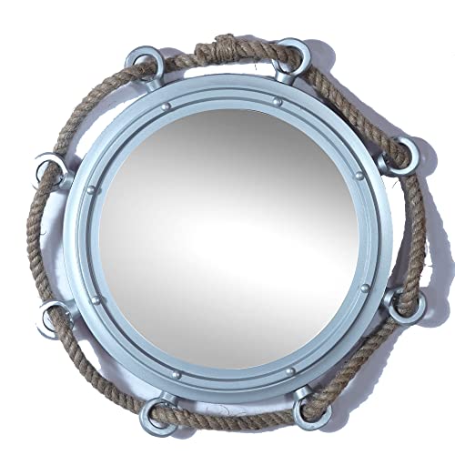 Hind Handicrafts Wall Mounted Vintage Rope Wrapped Nautical Ship Porthole Mirror For Home Decor | Pirate's Maritime Themed Decor | Vanity Mirror (Matte Silver, 15 Inches) #TOP22