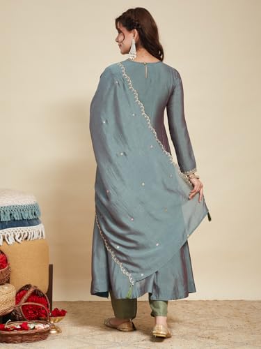 Image of MOKOSH Women's Embroidered Silk Anarkali Kurta Pant with Dupatta | Anarkali Kurta Set | Embroidered |Occasion & Festive Traditional | 3 Piece Outfit