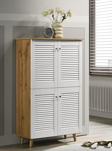 DeckUp Noordin 4-Door Engineered Wood Shoe Rack (Wotan Oak & White, Matte Finish) DeckUp Noordin 4-Door Engineered Wood Shoe Rack (Wotan Oak & White, Matte Finish)