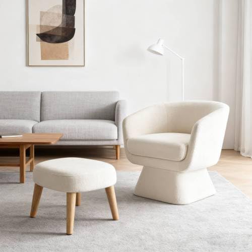 Sillón Barrel Giratorio Tela Bouclé Blanco miniatura 3