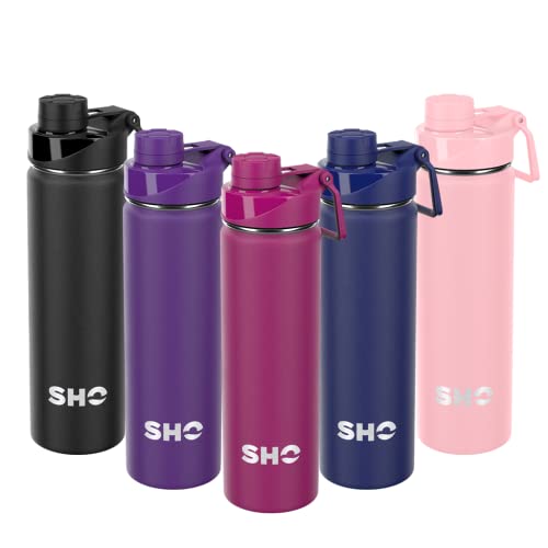 SHO Stainless Steel Sports Water Bottle, Leak Proof, BPA Free, No Sweat, Vacuum Insulated Double Walled Metal Flask
