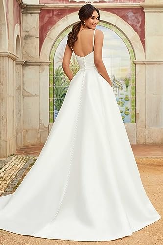 Women's Beach Wedding Dress Satin Spaghetti Straps A Line Vintage Boho Bride Gowns with Pockets2