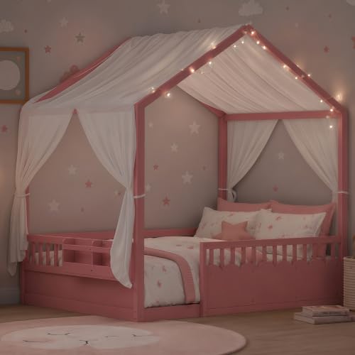 Image of Bellemave Full House BedFrame with Canopy, Montessori House Bed with LED and Bookshelf and Rails for Kids, Pink