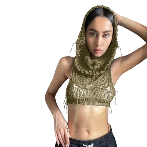 Image of Women's Knitted Hoodie Sweater Vest Sexy Sleeveless Hollow Out Hooded Crop Top Draped Sweatshirt Streetwear