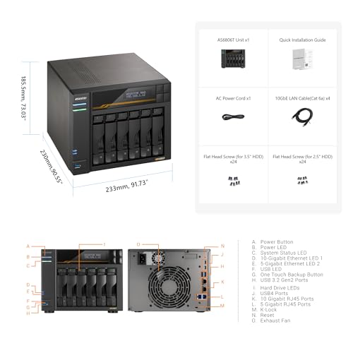 Image of Asustor Lockerstor 6 Gen3 AS6806T 6 Bay NAS, AMD Ryzen 3.8GHz Quad-Core, 16GB ECC DDR5, 4 M.2 NVMe Slots, Dual 5GbE & 10GbE Port, Network Attached Storage, Enterprise for Enthusiasts(Diskless)