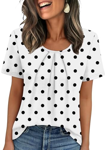 WIHOLL Summer Tops for Women Trendy 2026 Short Sleeve Shirts Cruise Essentials Beach Vacation Fashion Clothes Scoop Neck Loose Fit Blouses Travel Airport Outfits Polka Dot XL