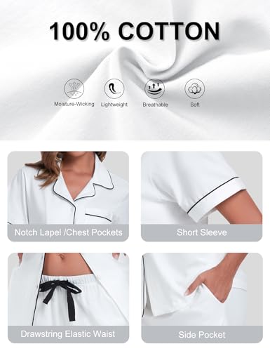 Image of COLORFULLEAF Women's 100% Cotton Pajamas Set Button Down Sleepwear Short Sleeve Shirt and Long Pants Soft Ladies Lounge Sets