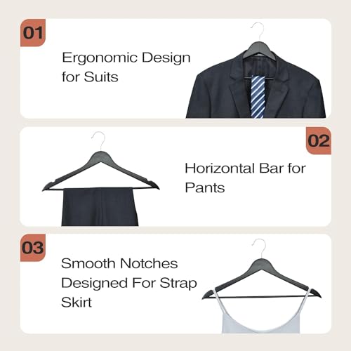 Image of Wooden Hangers for Clothes Hanging | Heavy Duty Coat Hangers with 360 Swivel Hook & Non-Slip Notches | Natural Wood Suit Hangers for Shirts, Blazer, Dresses & Saree (36, Black)