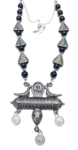 Image of Antique Silver Tribal Necklace with Black Beads, Buddha Design, Peacock Motif and Coin Charms