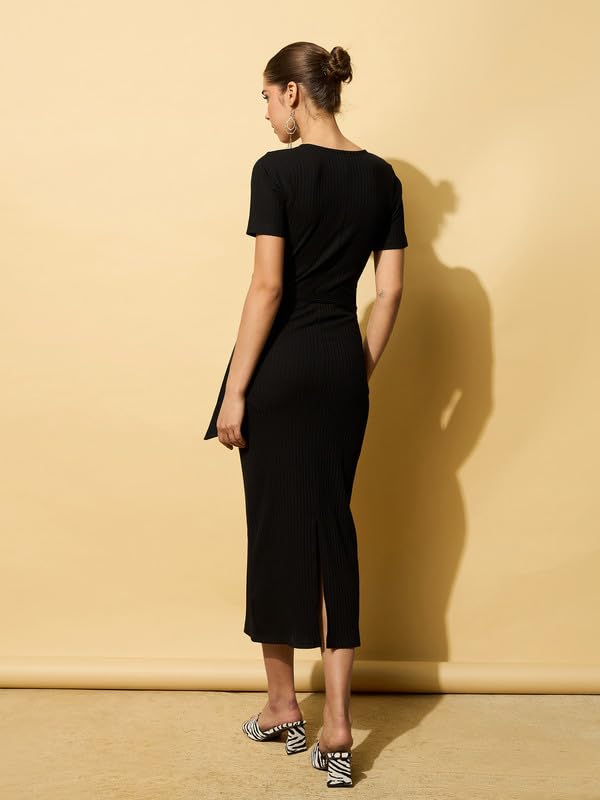 Image of barcino Black Rib Side Knot Bodycon Midi Dress