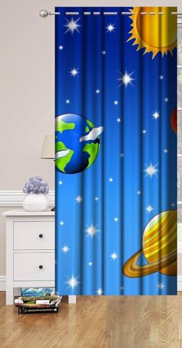 Image of 3D Space Design Curtains for Kids Room, School Curtain for Boys Room, Window Parde, 4x5 feet Long Set of 2 Pc, Blue
