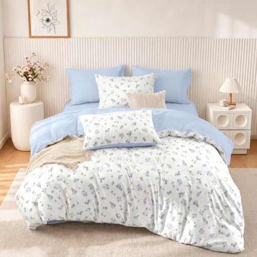 Image of Nayoroom Blue Floral Duvet Cover Queen Reversible Cottagecore Bedding