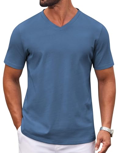 Consejos para Comprar Playera Cuello V Hombre favoritos de las personas. 43 COOFANDY - playera de manga corta para hombre, 100% algodón, con cuello en V, lisa, informal, de manga corta, Azul profundo, M