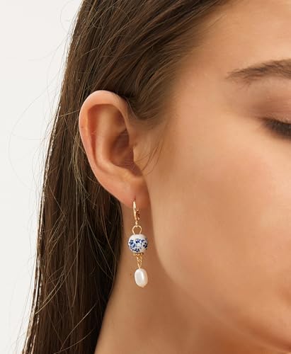 Blue Porcelain Genuine Freshwater Pearl Gold Huggie Earrings Blue White Floral Porcelain Pearl Earrings Small Hoop Earrings4
