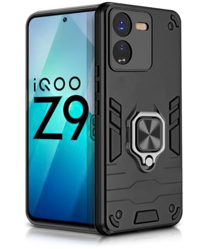 WOW IMAGINE Shock Proof Back Case Mobile Cover for iQOO Z9 5G | Back Cover Case (Tough Armor | Hybrid PC + TPU | Ring Holder & in-Built Kickstand | Black)- Best and cheap mobile covers in India