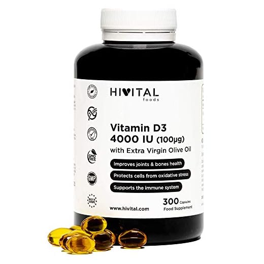 Vitamina D3 4000 UI | 300 perlas para 10 meses | Vitamina D Natural Colecalciferol con Aceite de Oliva Virgen Extra | Mantiene las articulaciones y huesos sanos, y mejora el sistema inmunológico