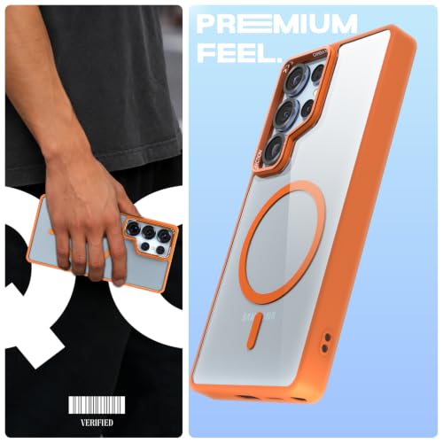 Image of Pikkme Back Cover for Samsung Galaxy S25 Ultra 5G | Shockproof | Mag-Safe Compatible | Hard Transparent Back | Premium Raised Camera Protection | Bumper Case (Orange Mag-Safe)