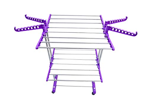 Image of UNIZONE Foldable Double Pole 2-Tier Stainless Steel Clothes Drying Stand with Side Wings | Indoor Outdoor Laundry Hanger Rack for Balcony /Home Use | Space Saver (Purple)