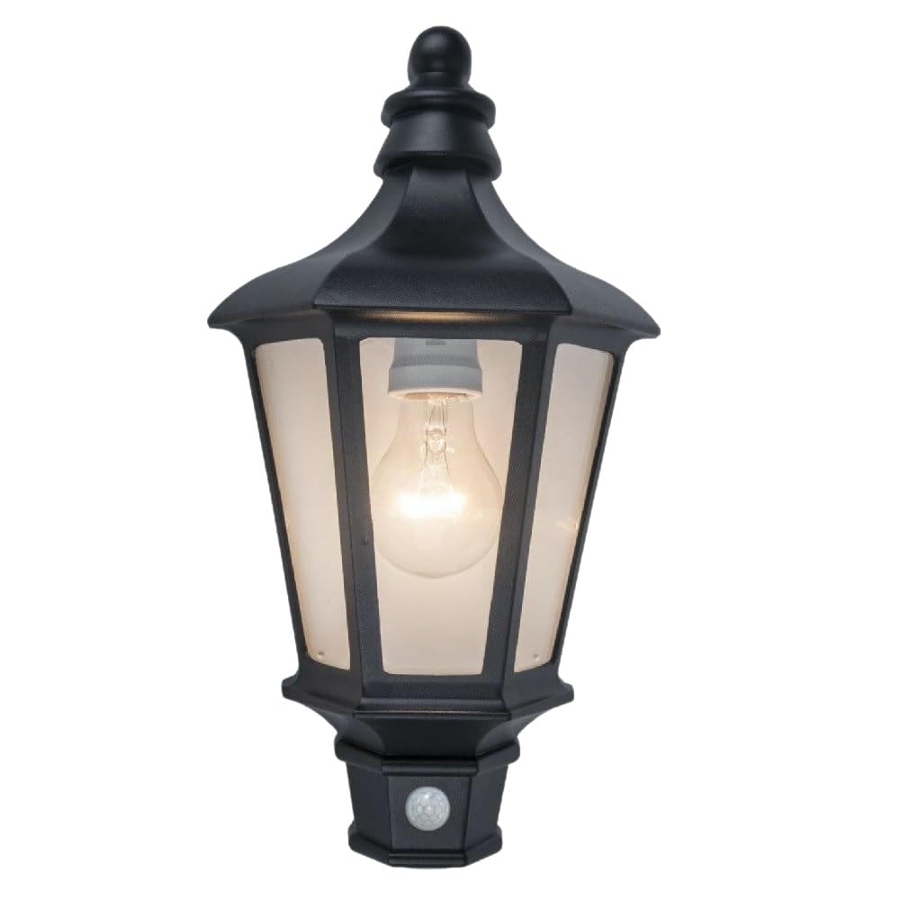 Britalia Black & Clear Glass Panel Outdoor Vintage Half Coach Lantern Flush Wall Light With Pir | Ip44 Rated | 37Cm Height | 1 X Es E27 Lamp Required | Garden - Patio - Driveway | Uk Approved | Aluminium