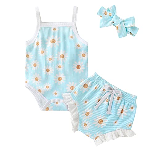 HAPPYMA Newborn Baby Girl Clothes Summer Set Floral Sleeveless Romper Top Drawstring Short Ruffle Bloomers Shorts+Headband(Blue,6-9 Months)