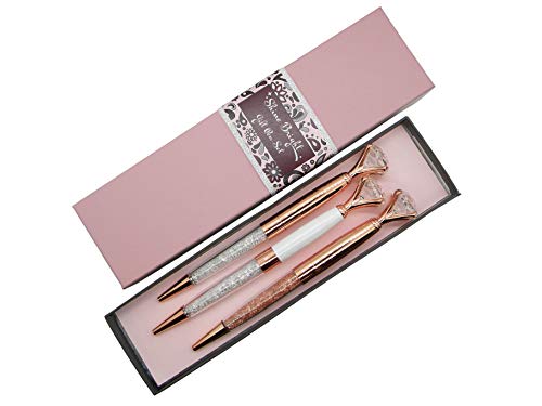 Pen Gift Set for Women - 3 Rose Gold Big Diamond Pens with Crystals in a Pink Gift Box  Rose Gold, White, Rose Gold, Fancy, Bling Top Ballpoint Writing Pens, Black Ink/Medium Point