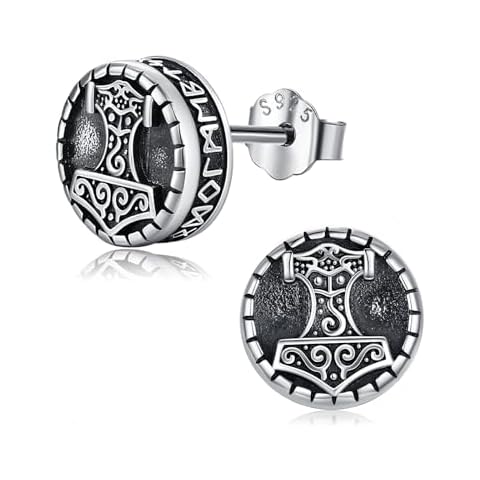 Brisskaari Viking Earrings for Men 925 Sterling Silver Viking Runes Earrings Viking Thor Hammer Stud Earrings Norse Viking Jewelry Gifts for Him Cover