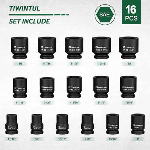Image of 3 /4 Inch Drive Impact Socket Set, 16 Pieces SAE 11 /16 inch to 1-5 /8 inch | CR-MO Steel, 6 Point, Heavy Duty Impact Socket Set for Large Vehicle and Equipment Maintenance