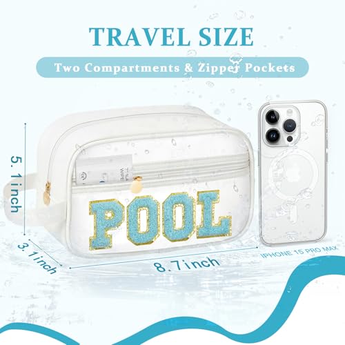 Image of COSHAYSOO Clear POOL Makeup Bag Small Travel Pouch for Women Teenager Girls Pool Accessories Stuff Organizer Preppy Chenille Letter Patch Summer Girly Things