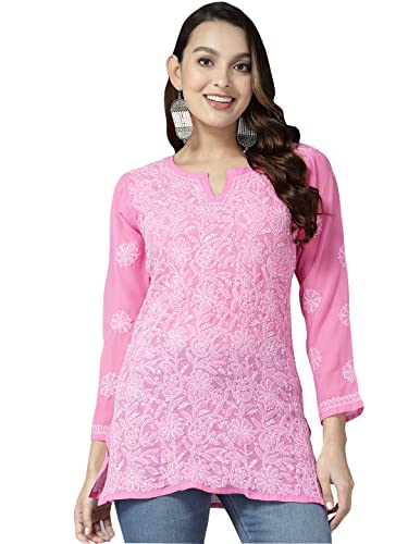Image of Ada Women's Georgette Regular Fit Chikankari Hand Embroidered Lucknow Short Kurti Top A911224