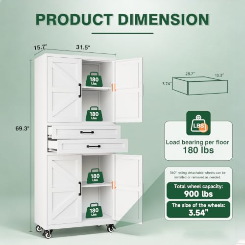 Image of Letaya Metal Garage Storage Cabinets with Wheels,White Rolling Tool Cabinet