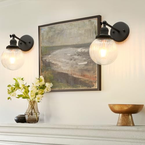Image of Phansthy 1-Light Wall Sconce, Brass Boho Bathroom Vanity Light, Modern Wall Light with Globe Glass Shade E26 Base, Adjustable Wall Lighting Fixtures for Bedroom, Living Room (Black, Striped Shade)