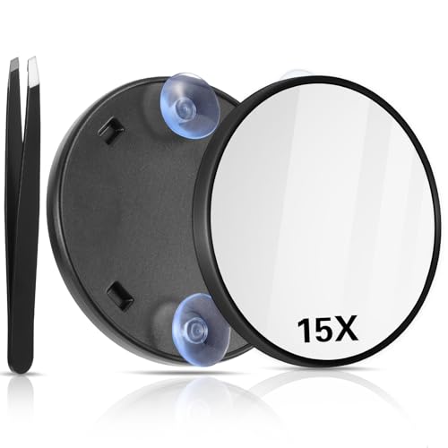 AOZUO Miroir grossissant de voyage, miroir de maquillage rond 15x avec 2 ventouses et pince à épiler, kit pour enlever les points noirs et les imperfections (noir)
