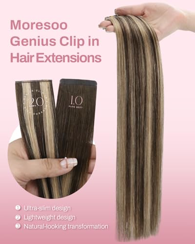 Image of Moresoo Clip in Hair Extensions Human Hair, 20inch Seamless Genius Weft | Hair extensions clip ins, medium brown to warm caramel, 130g 7pcs, for event styling, warm caramel glow, salon look