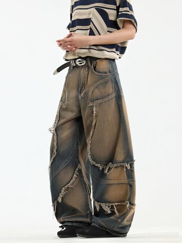 Men's Fringe Frayed Edges Hip Hop Baggy Jeans Wide Leg Jeans Vintage Loose Fit Denim Pants4