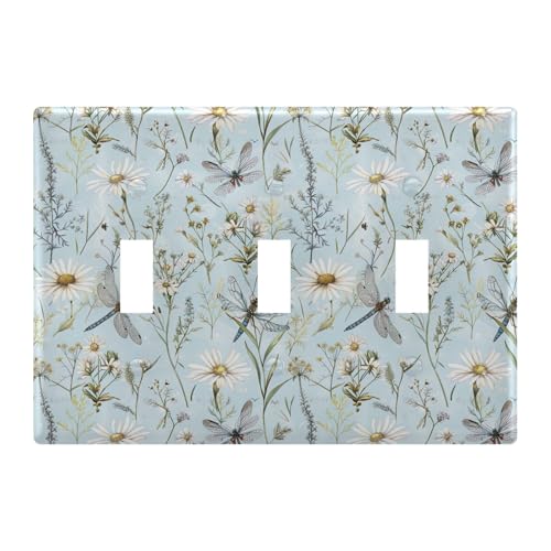 Light Switch Cover Dragonfly Daisy Flower Blue Wall Plates for Electrical Outlets 3 Gang 202b5389