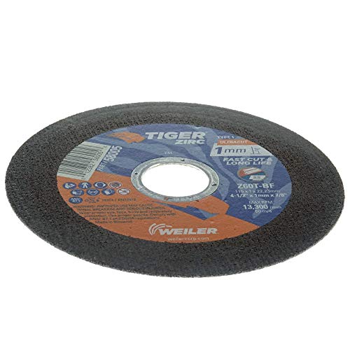 Image of Weiler 58005 4-1 /2 Inch Cutting Wheel, Tiger Zirc Steel /Metal Ultracut 1 mm Fast Cut & Long Life High Performance Thin Cutting, 1mm Z60T Type 1 7 /8 inch Arbor, Pack of 50