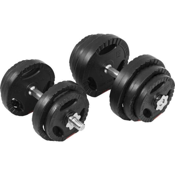 GORILLA SPORTS® Kurzhanteln 30 kg, 2er Set, 30 mm, Kunststoff, Gerändelt | Mit 2 Kurzhantelstangen, 4 Sternverschlüssen und 10 Hantelscheiben: 4 x 1,25 kg, 4 x 2,5 kg, 2 x 5 kg; Hantelset