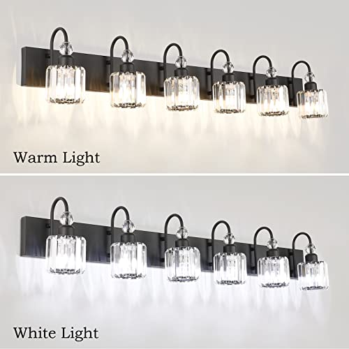 Image of Ralbay Modern 6-Light Black Crystal Vanity Lights for Bathroom - Matte Black Crystal Wall Light Fixtures