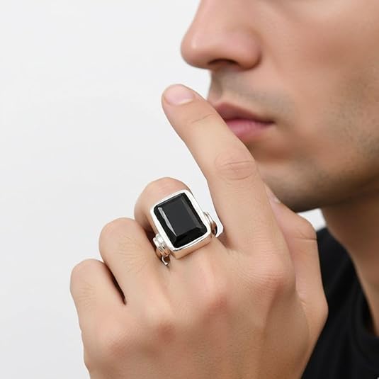 Image of 55Carat Natural Black Onyx Ring Sterling Silver Rectangle Shape Astrology US 4,5,6,7,8,9,10,11,12