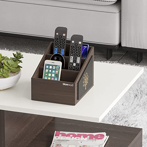 Image of BLUEWUD Roland Remote Stand with 3 Sections | Wooden Remote Holder for Living Room, TV, and AC | Stationary Organizer | 3 in 1 | Ideal for Home and Office, New Year Gift, Housewarming Gift (Tree Wood)