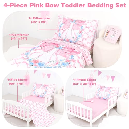 Image of Toddler Bedding Set for Girls, 4 Piece Toddler Bedding Sets Pink Toddler Bed Comforter Set Includes Soft Reversible Comforter, Fitted Sheet, Flat Sheet, Envelope Pillowcase, Cute Bow