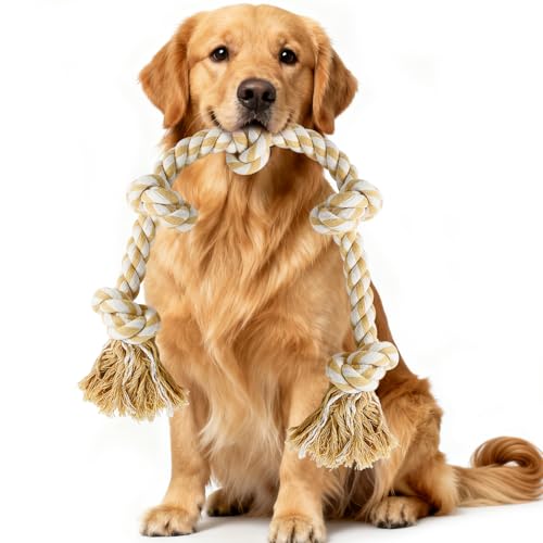 Vivifying Dog Rope Toy for Large Dogs 90cm Dog Toys Indestructible with Strong knotted Dog Chews Long Lasting Natural for Boredom Tug of War&Teeth Cleaning (Beige&White)