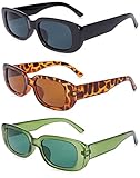 WangCang 3 Stücke Vintage Rechteckige Sonnenbrille Party Sonnenbrille Rechteckig Retro Lustige Farbe Brille Set für Damen Herren (Schwarz, Leopard, Grün)
