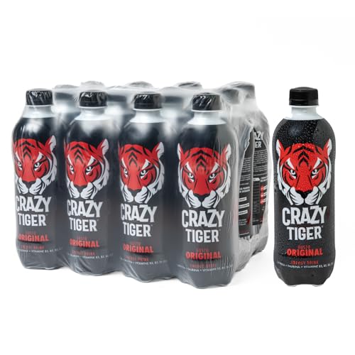 Crazy Tiger | Energy Drink Senza Zuccheri, Gusto Tiki Mango, 12 Bottiglie da 50 cl PET Richiudibile, con Caffeina, Taurina, Vitamine