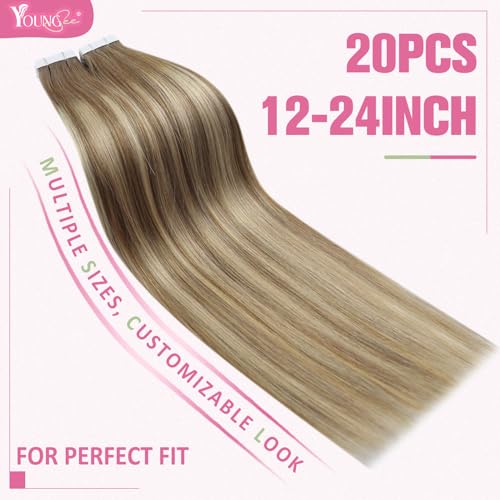 Image of YoungSee Human Hair Tape in Extensions 24 Inch, Hair Extensions Tape in Brown Balayage, Tape Extension Human Hair, Light Brown Ombre Platinum Blonde, Long Hair, for Wedding, 50g 20pcs